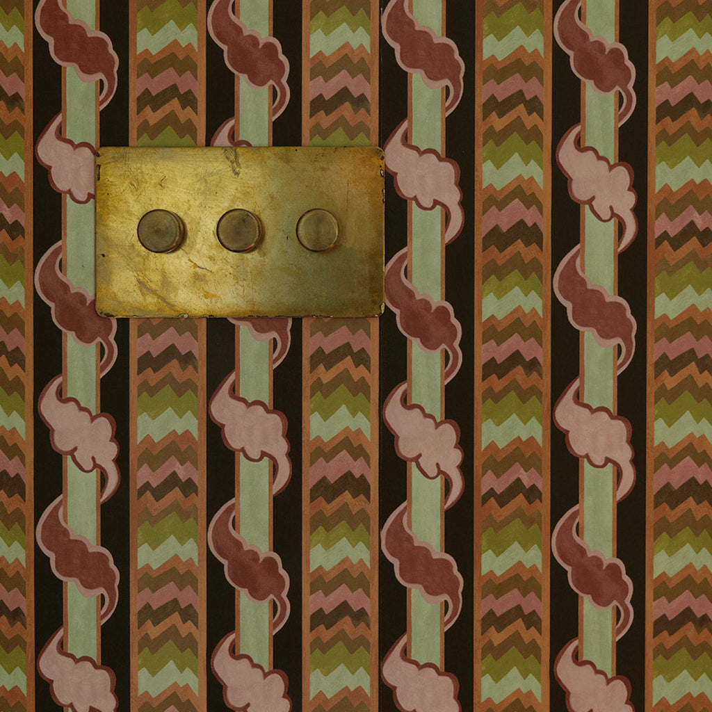 Decorative wallpaper with brass switch plate on a striped pattern
