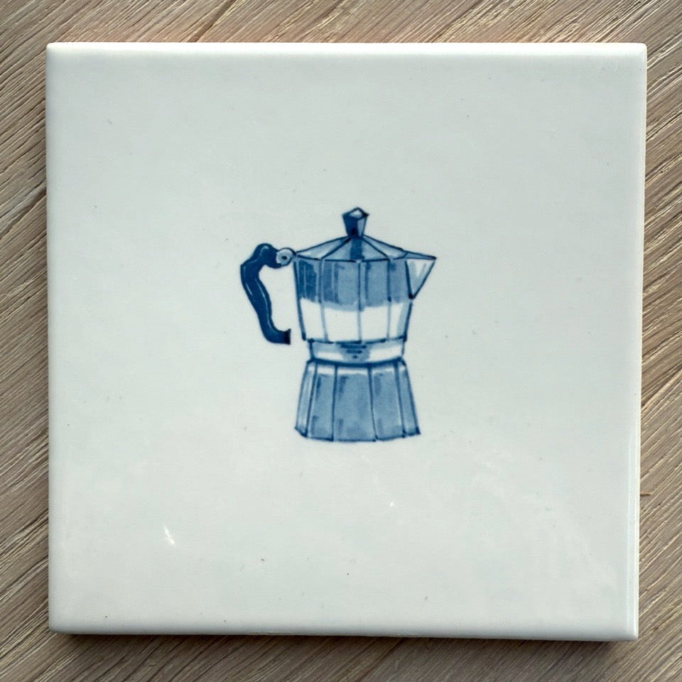 End of Line, Moka Pot Delft Tile, Blue