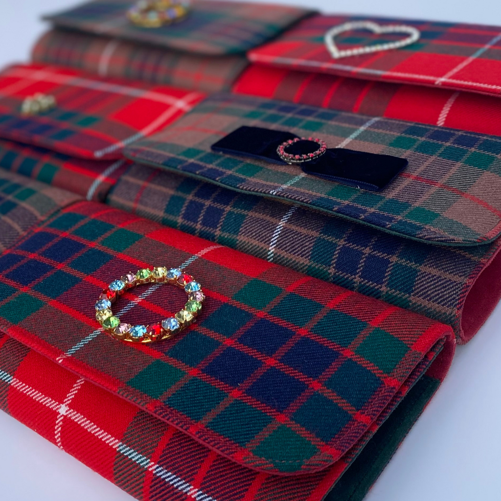 Fraser Modern Tartan Clutch Bag with Small Square Gold Brooch