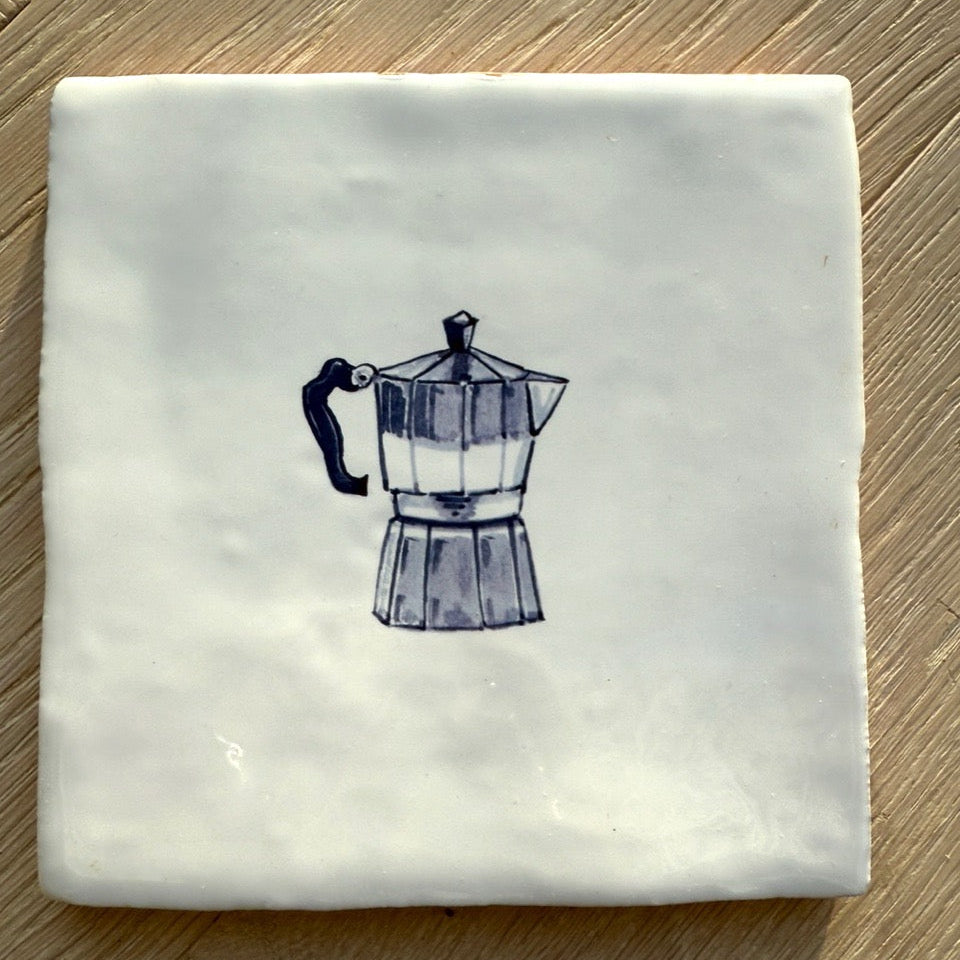 End of Line, Moka Pot Delft Tile, Navy Blue
