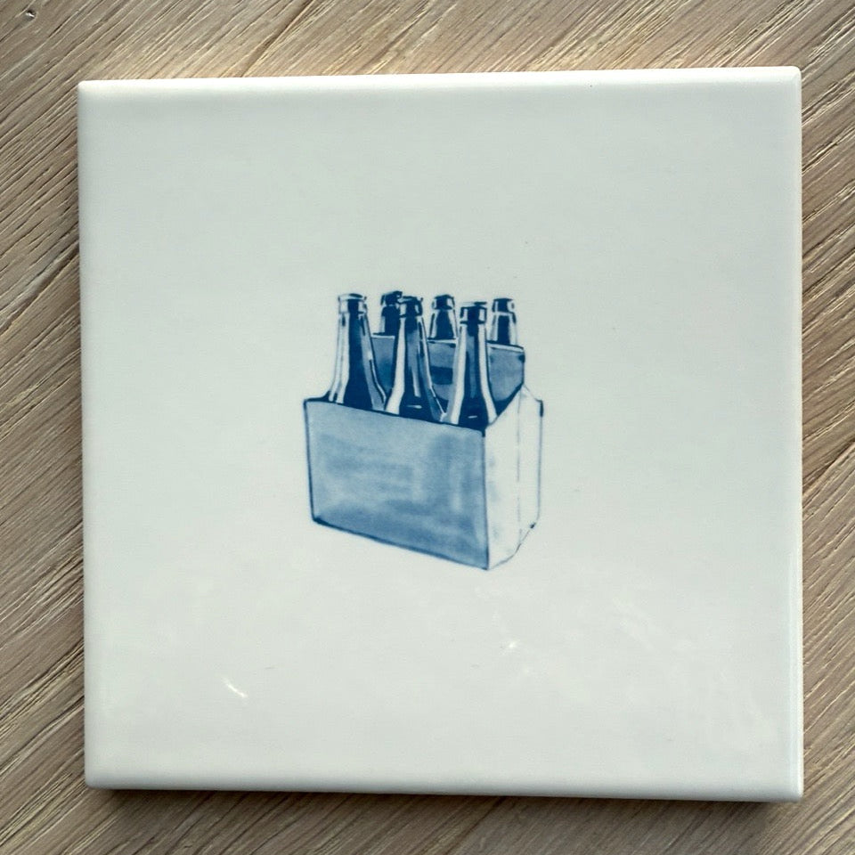 End of Line, 6 Pack Beers Delft Tile, Blue