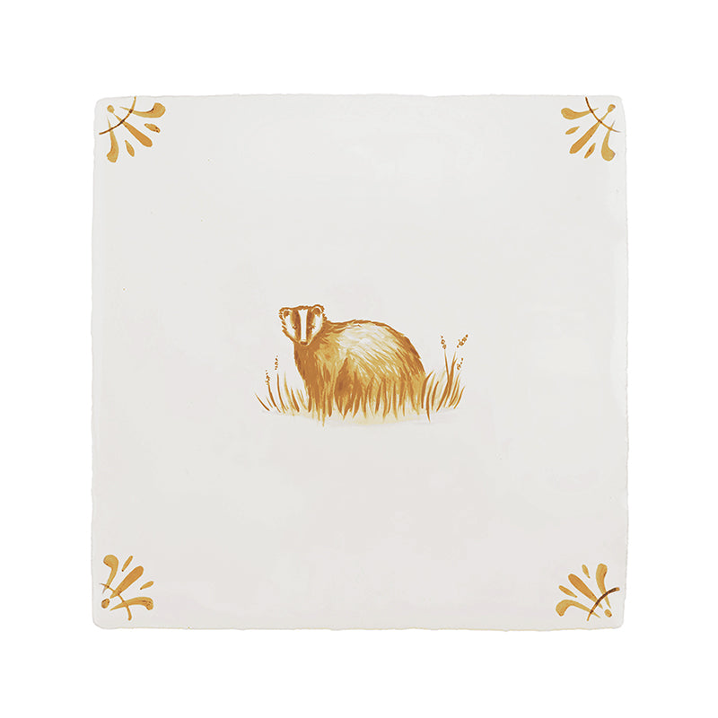 White tile with Mustard badger illustration and decorative elements on a white background