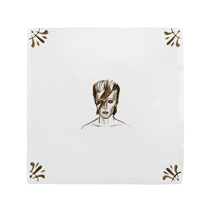 White tile with a sepia patten and illustration of David Bowie