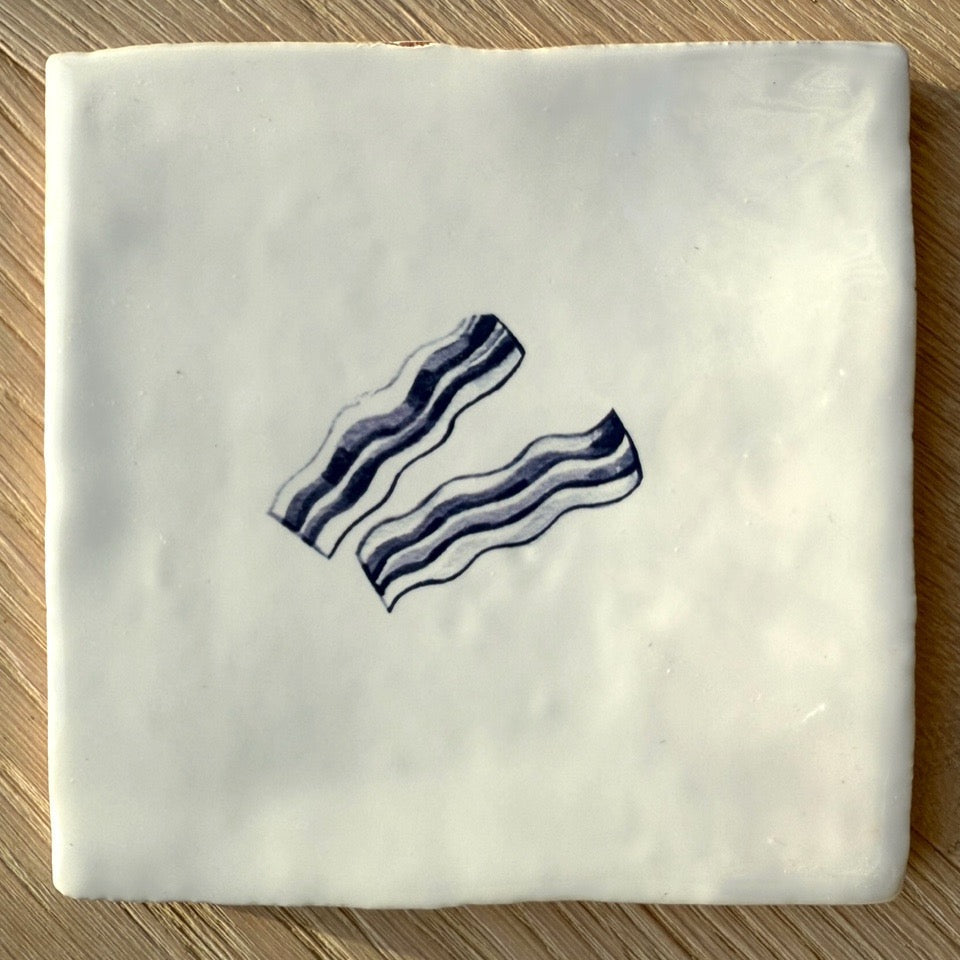 End of Line, Bacon Slices Delft Tile, Navy Blue