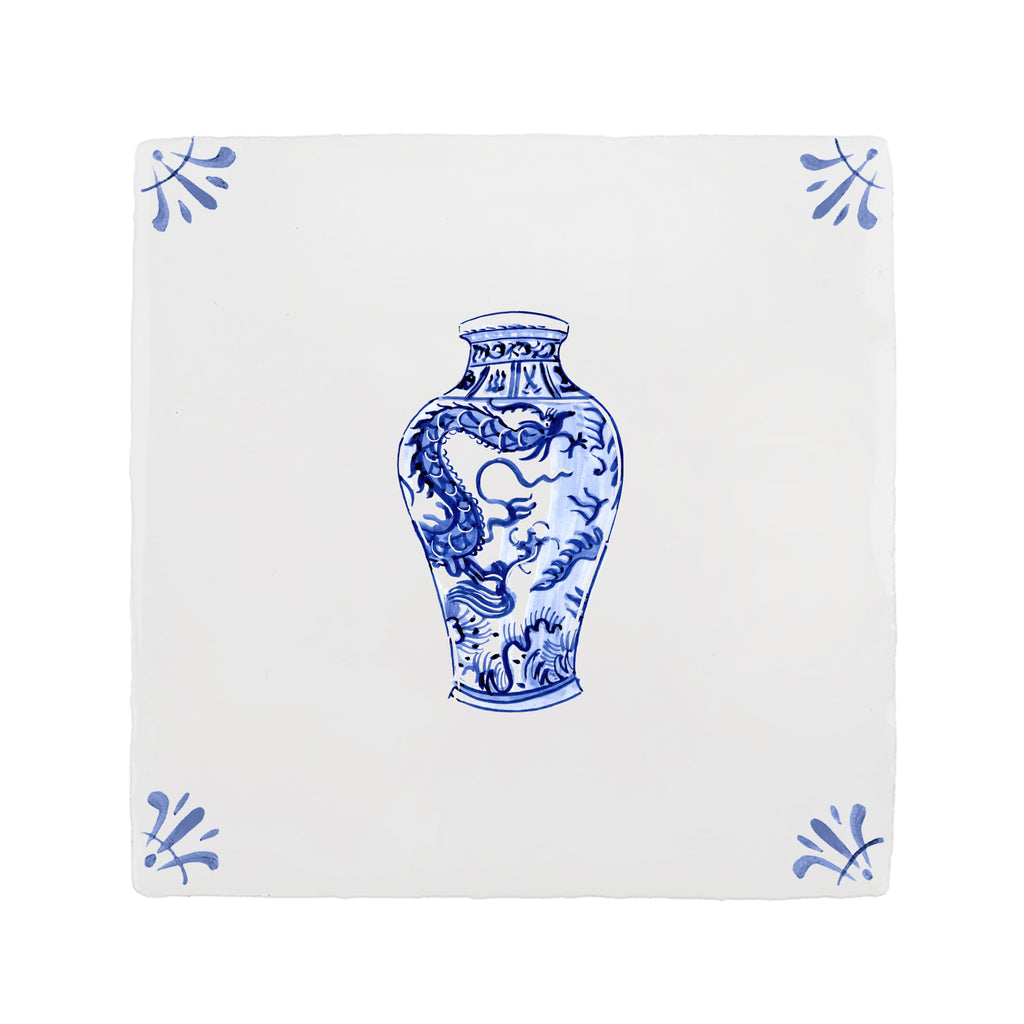 White tile with blue decorative vase design on a white background