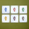 Six tiles with decorative vases on a green background