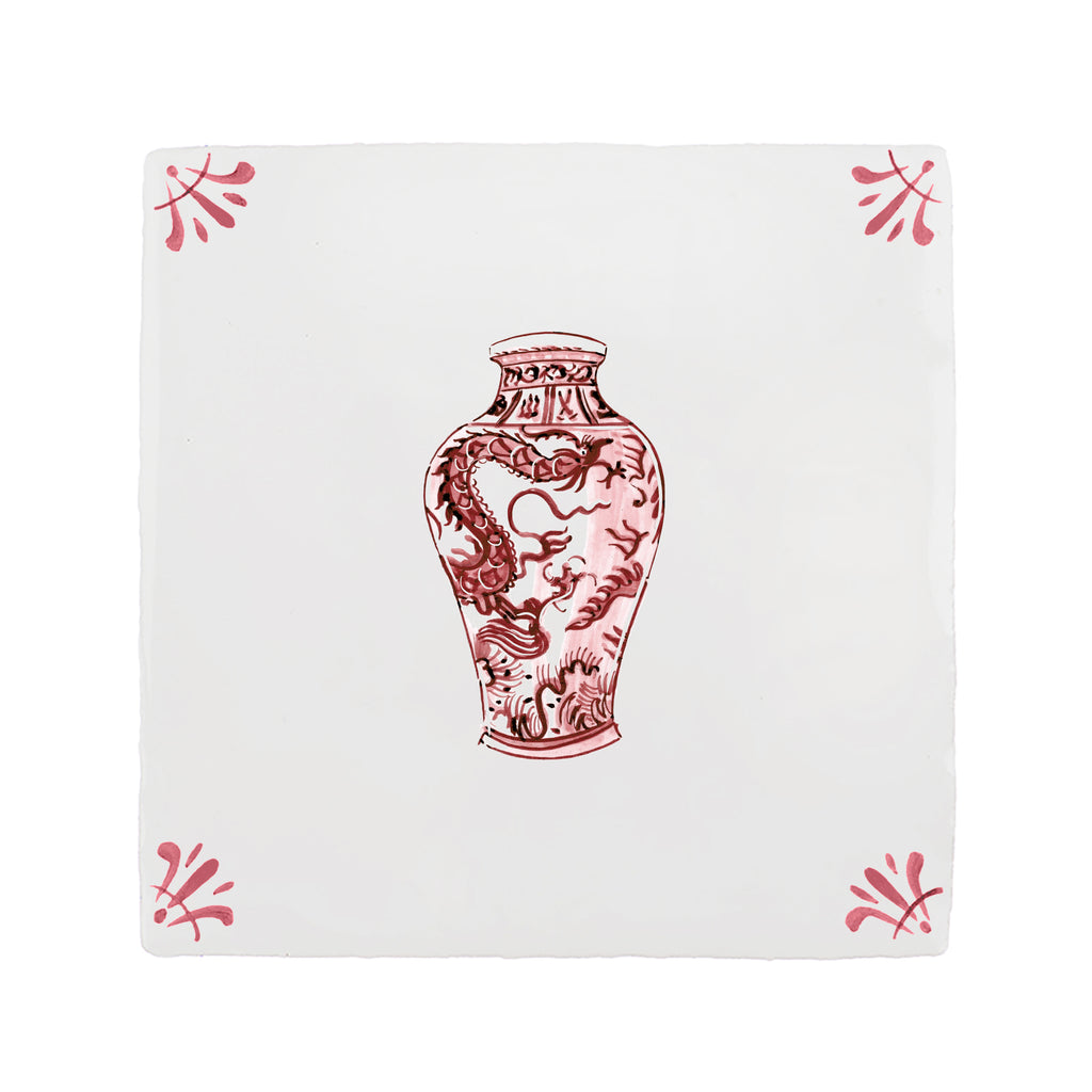 Tile with a red decorative vase design on a white background