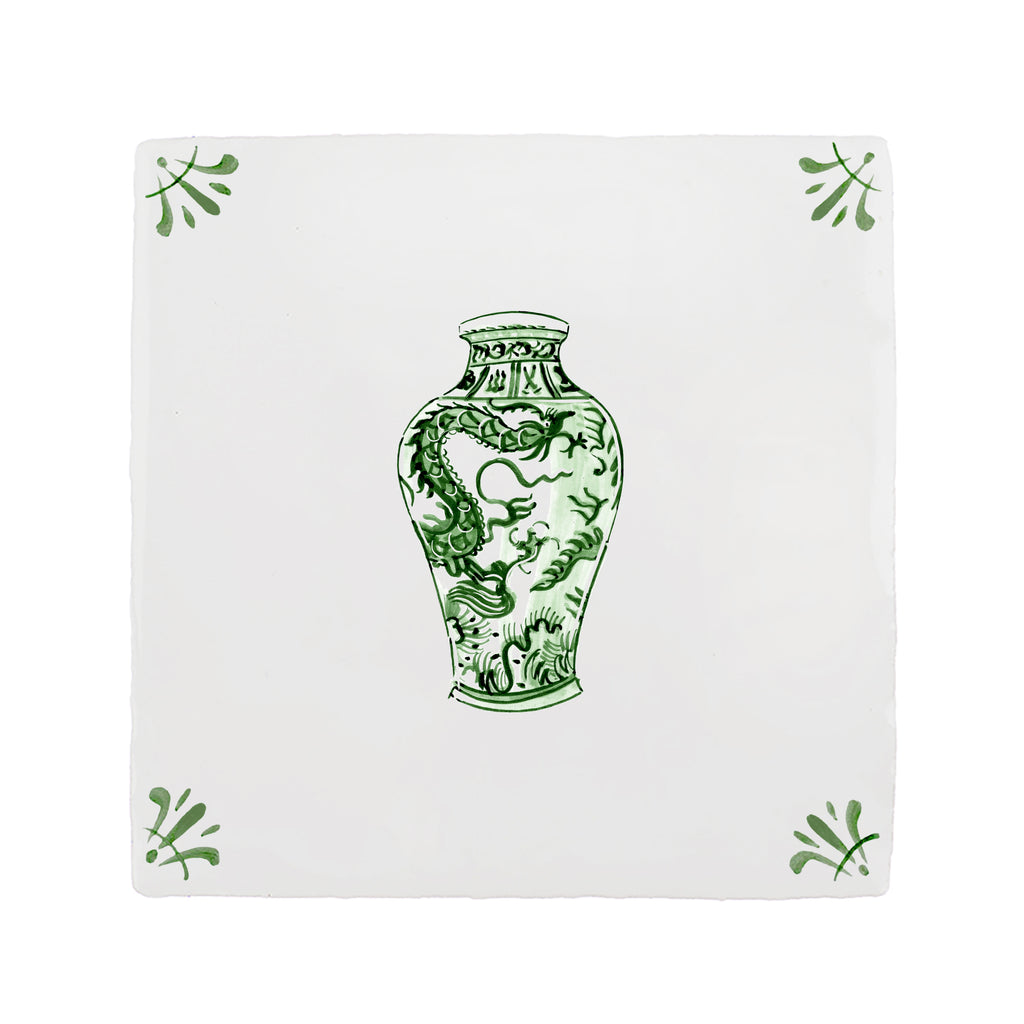 Tile with green decorative vase design on a white background
