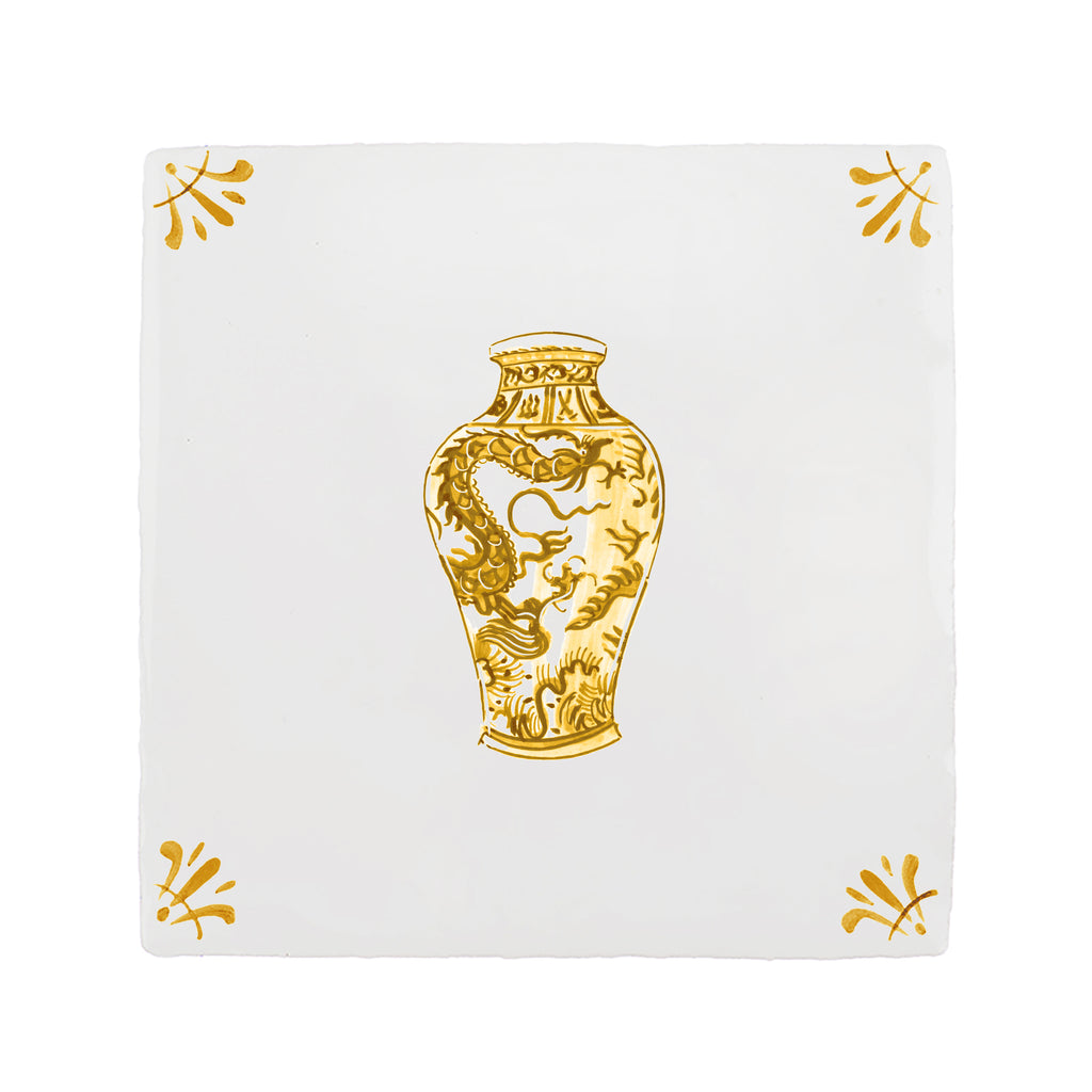 White tile with a mustard chinese vase design and decorative elements on a white background