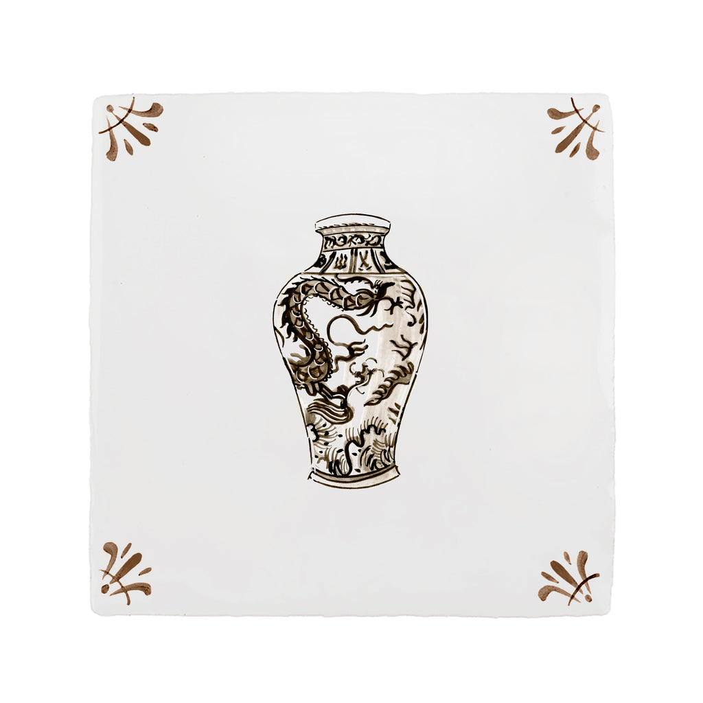 Decorative tile with a Chinese vase design on a white background