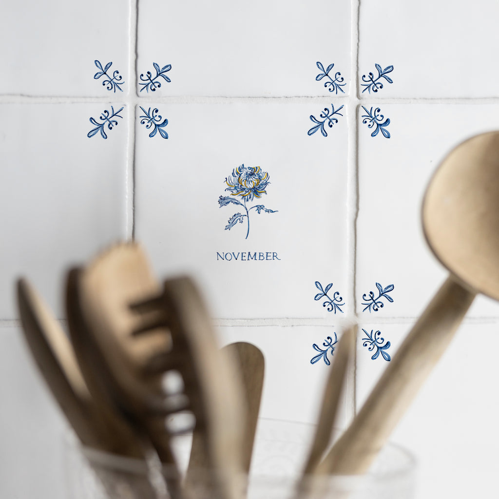 Chrysanthemum Delft Tile, Gold Lustre