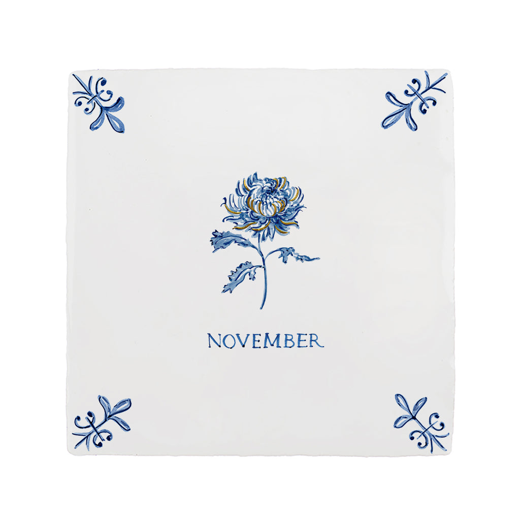 Chrysanthemum Delft Tile, Gold Lustre