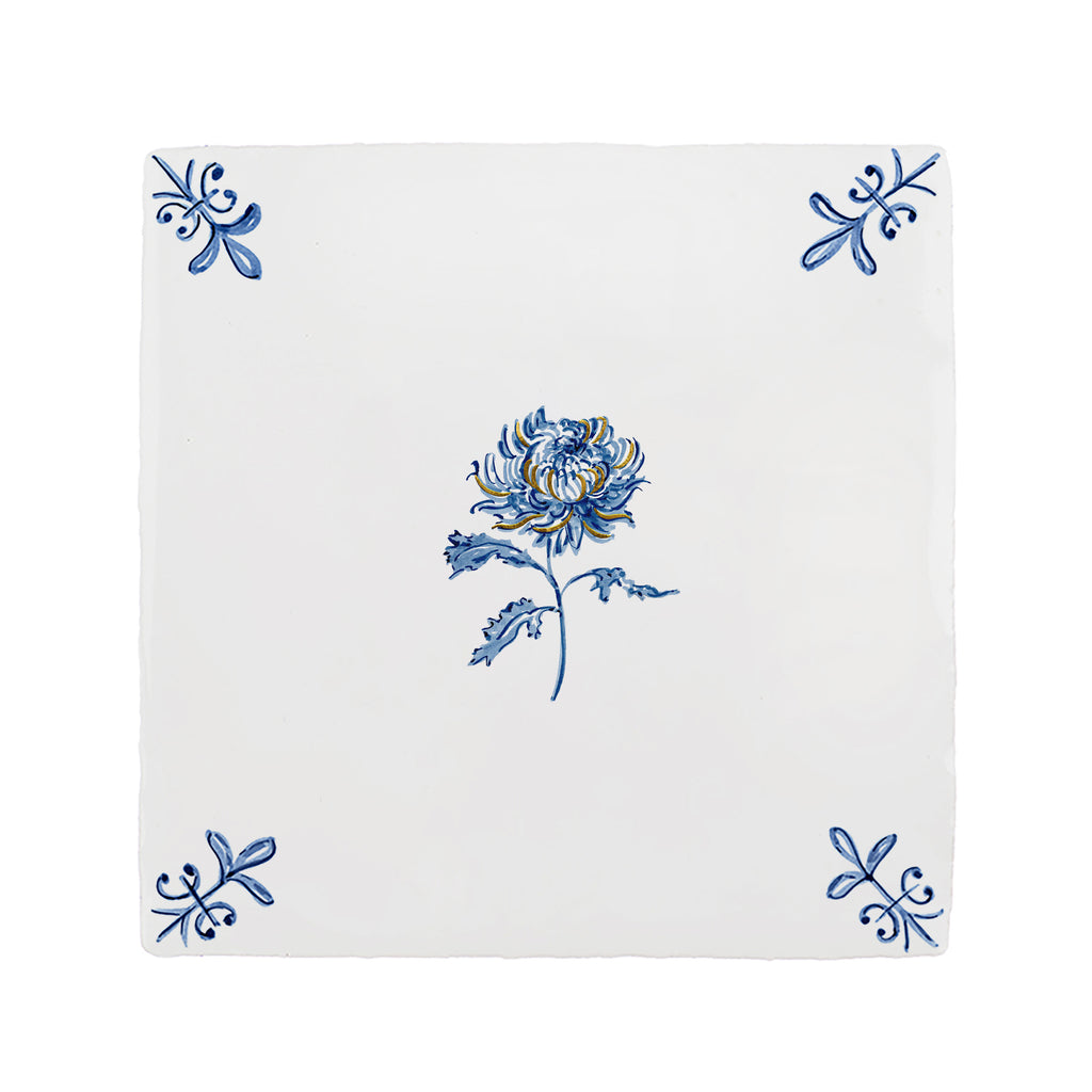 Chrysanthemum Delft Tile, Gold Lustre