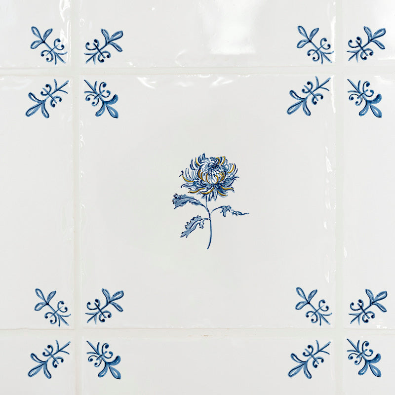 Chrysanthemum Delft Tile, Gold Lustre