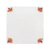 White tile with floral designs in orange and purple on a white background