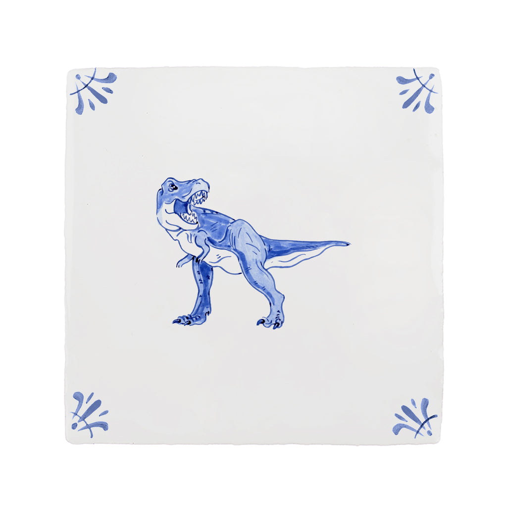 White tile with blue dinosaur illustration on a white background