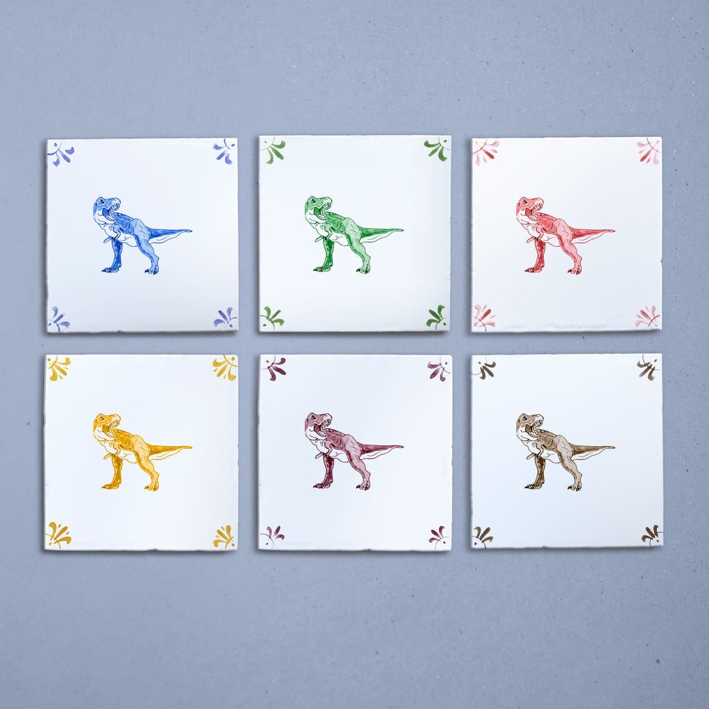 Six tiles with colorful dinosaur illustrations on a gray background