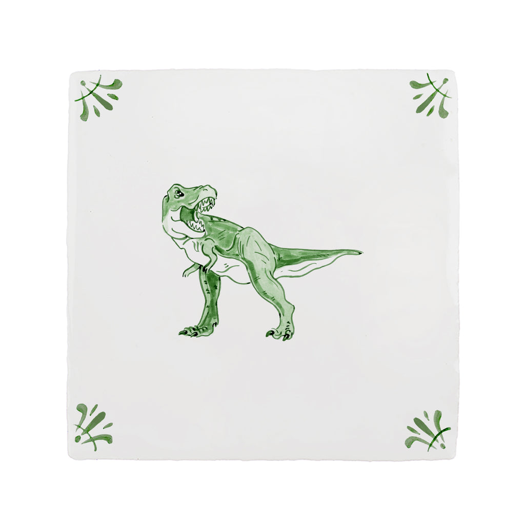 White tile with green dinosaur illustration on a white background