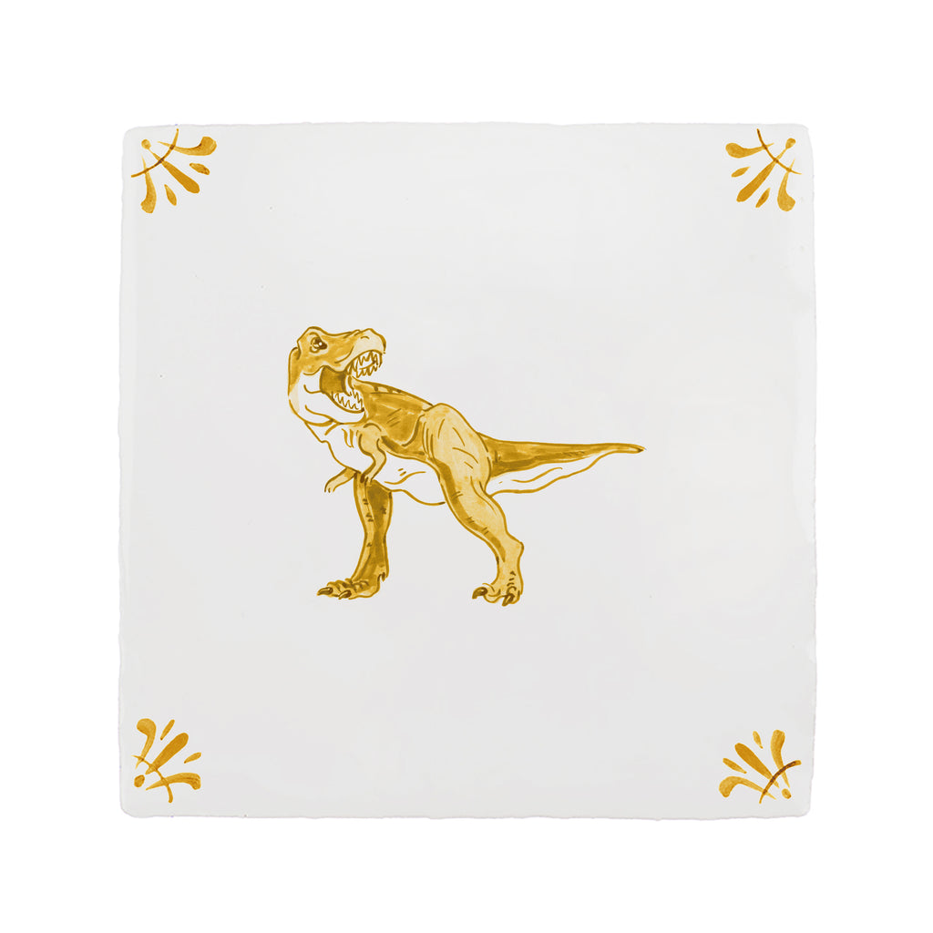 White tile with a mustard dinosaur illustration on a white background