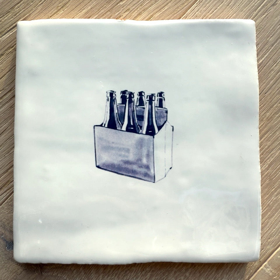 End of Line, 6 Pack Beers Delft Tile, Navy Blue