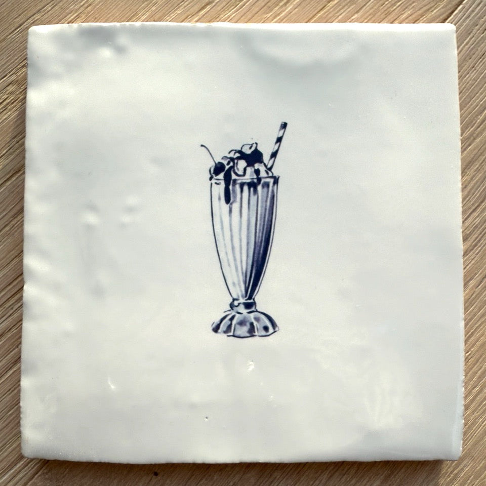 End of Line, Ice Cream Sundae Delft Tile, Navy Blue