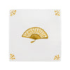 White tile with mustard fan design on a white background