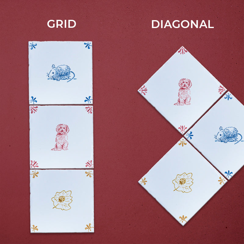 Two patterns of tiles labeled 'Grid' and 'Diagonal' on a red background.