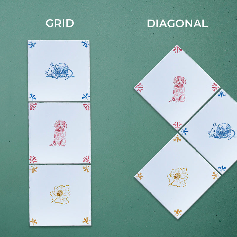 Two sets of tiles labeled 'Grid' and 'Diagonal' on a green background.