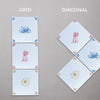 Two sets of ceramic tiles with different arrangements labeled 'Grid' and 'Diagonal'.