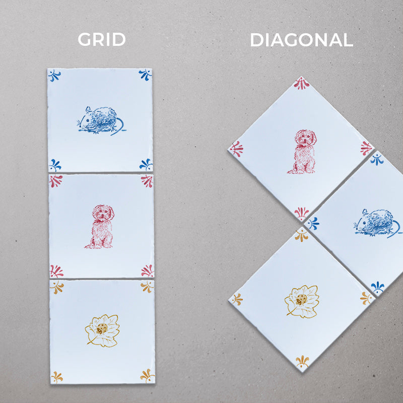 Two sets of ceramic tiles with different arrangements labeled 'Grid' and 'Diagonal'.