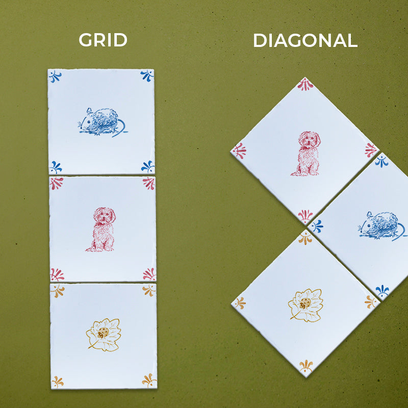 Two sets of tiles labeled 'Grid' and 'Diagonal' on a green background.