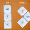 Two tiled patterns labeled 'Grid' and 'Diagonal' on a brown background.