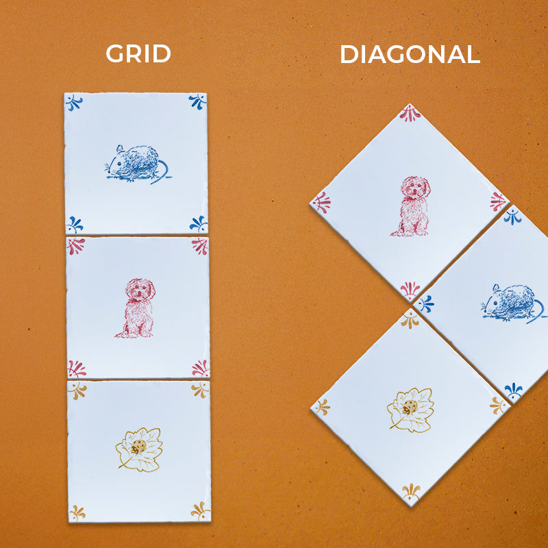 Two tiled patterns labeled 'Grid' and 'Diagonal' on a brown background.