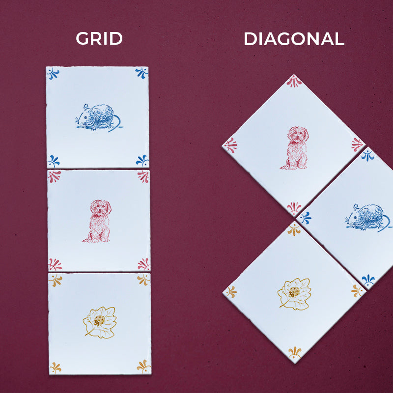 Two patterns labeled 'Grid' and 'Diagonal' on a purple background.