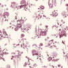 A repeating toile-style floral pattern in dusty mauve purple on a white background, featuring flowers, leaves, birds, a teapot, books, a basket, and small whimsical objects.