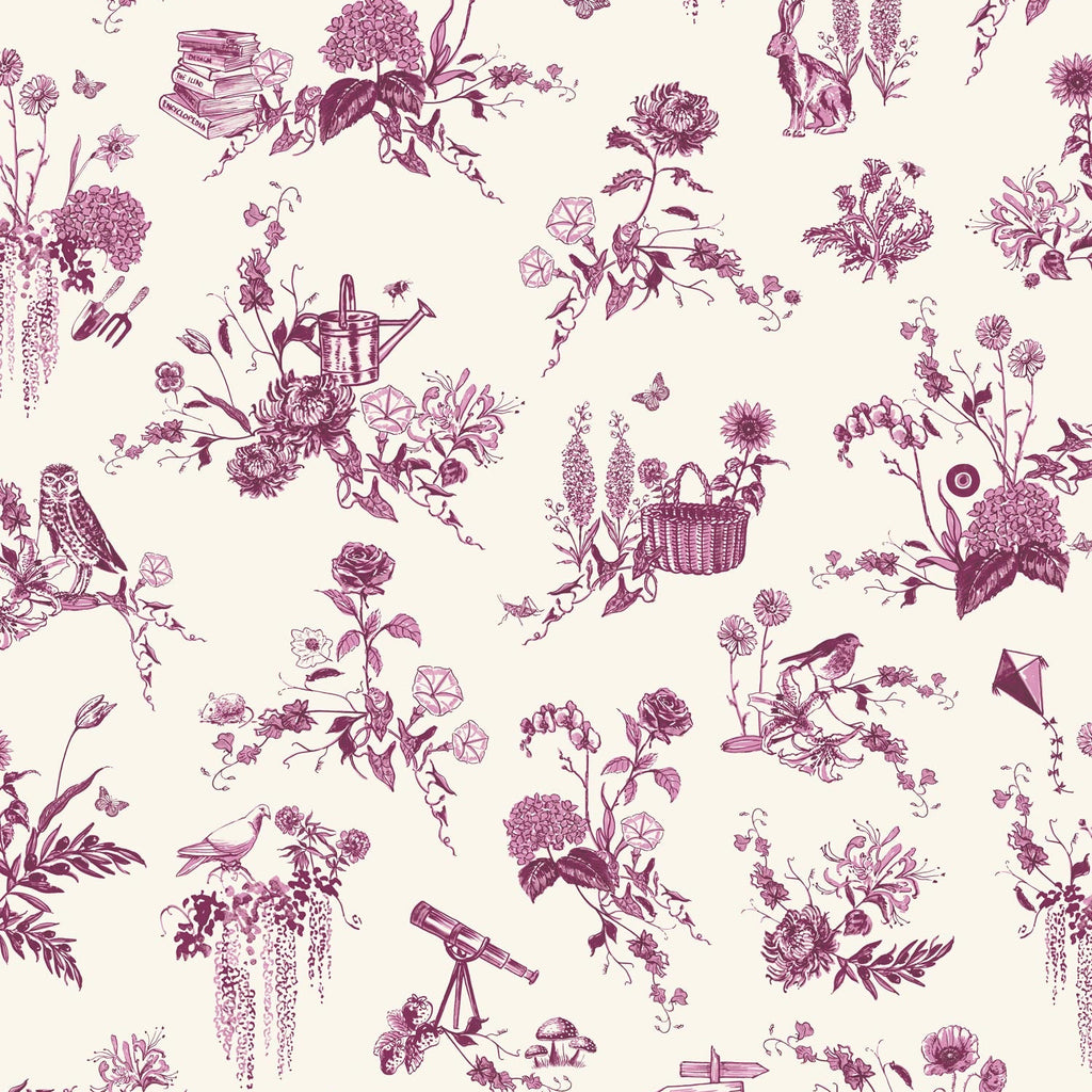 A repeating toile-style floral pattern in dusty mauve purple on a white background, featuring flowers, leaves, birds, a teapot, books, a basket, and small whimsical objects.