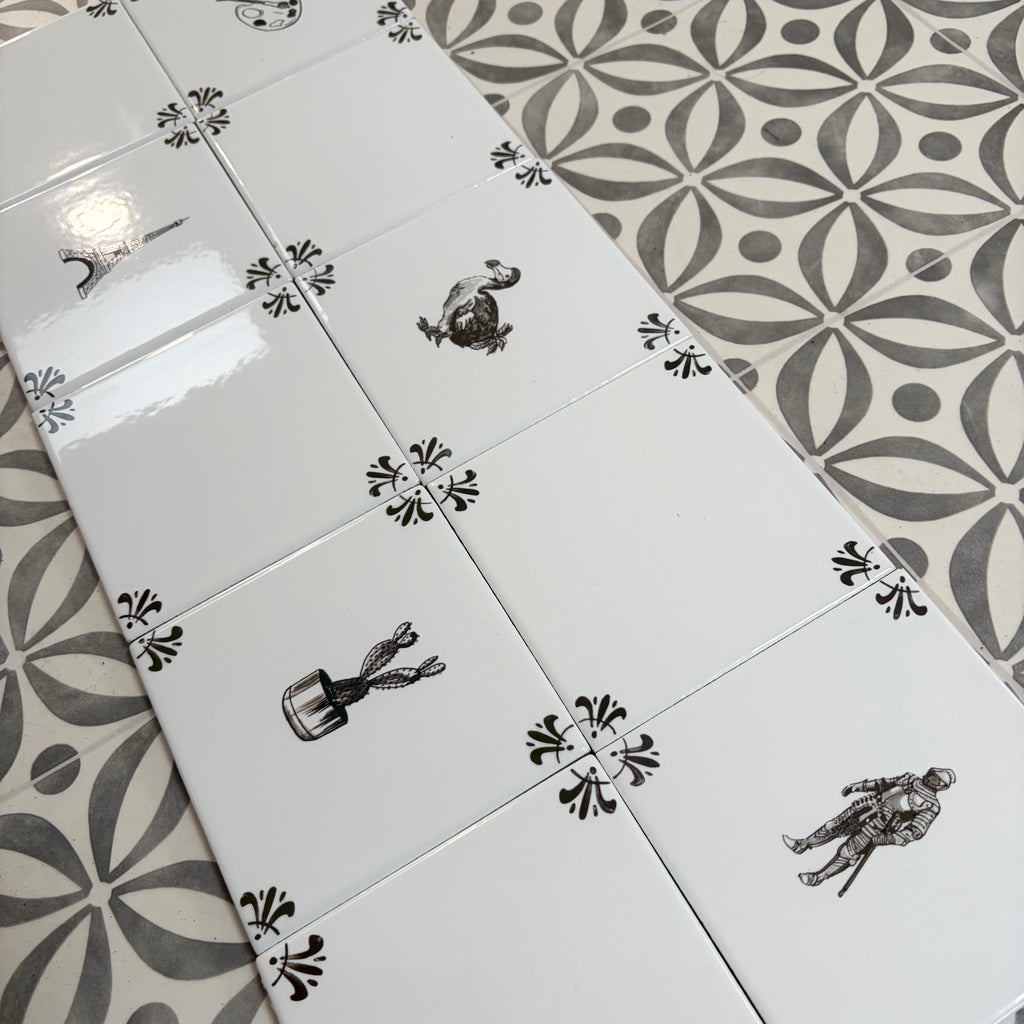 End of Line, set of 10 Sepia Delft Tiles