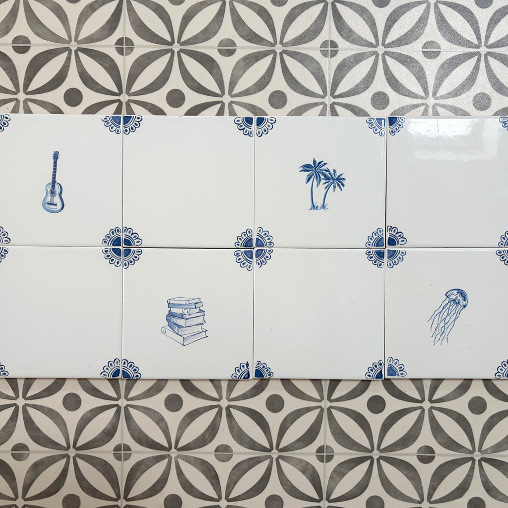 End of Line, set of 8 Delft Tiles, Petal Corners