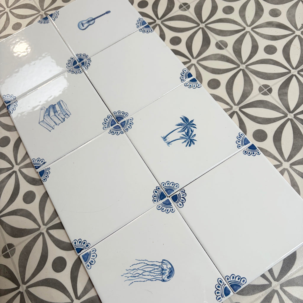 End of Line, set of 8 Delft Tiles, Petal Corners