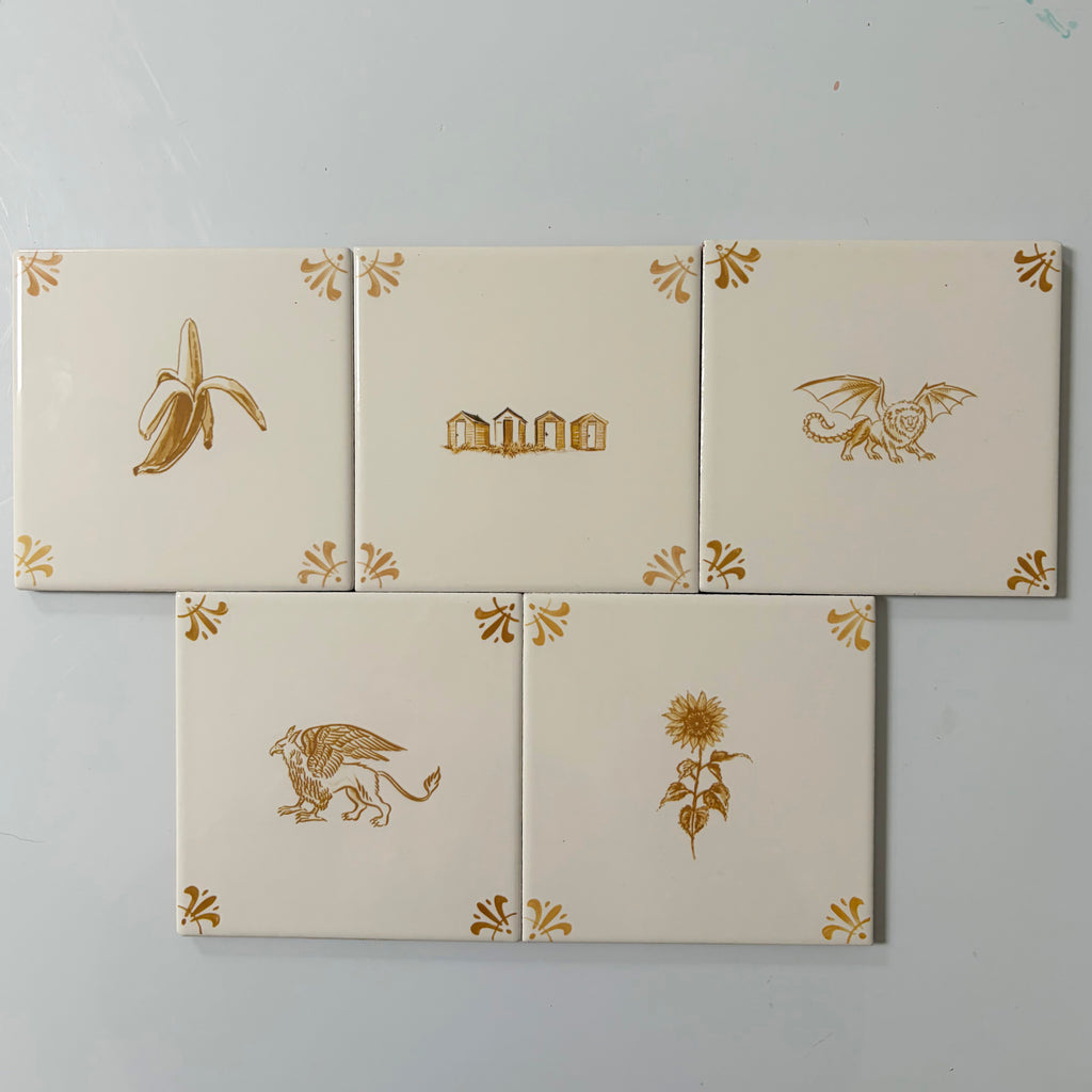 End of Line, set of 5 Mustard Delft Tiles