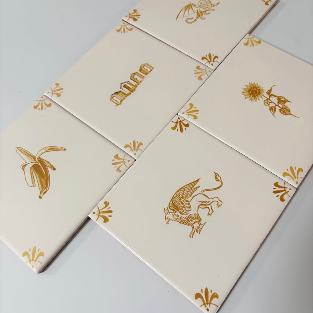 End of Line, set of 5 Mustard Delft Tiles