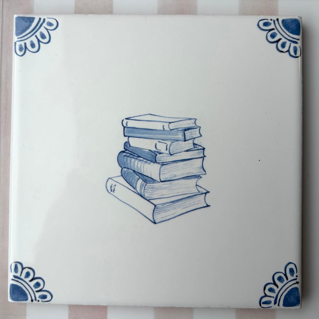 End of Line Stacked Books Delft Tile, Petal Corners