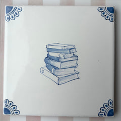 End of Line Stacked Books Delft Tile, Petal Corners