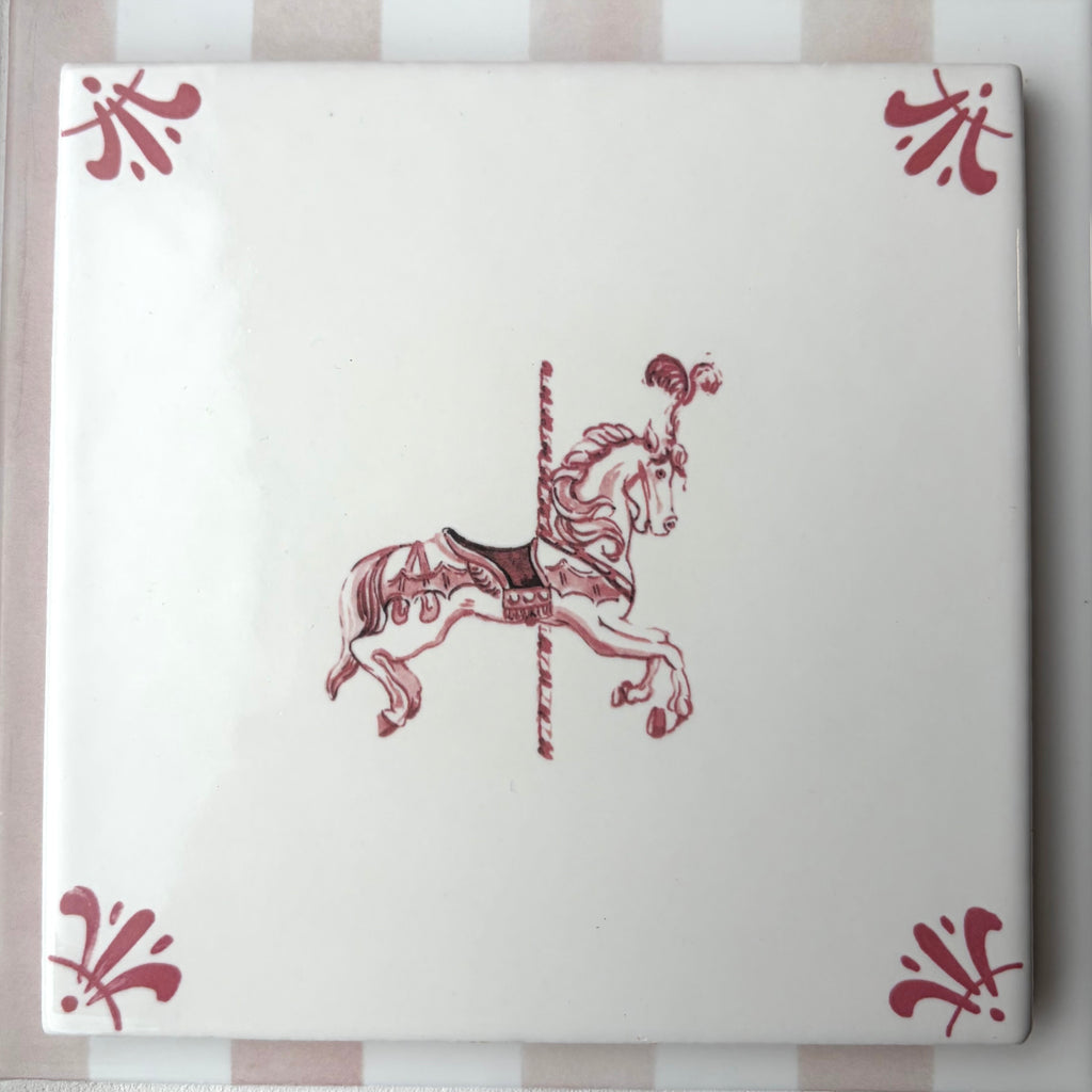 End of Line, Carousel Horse Delft Tile, Crimson