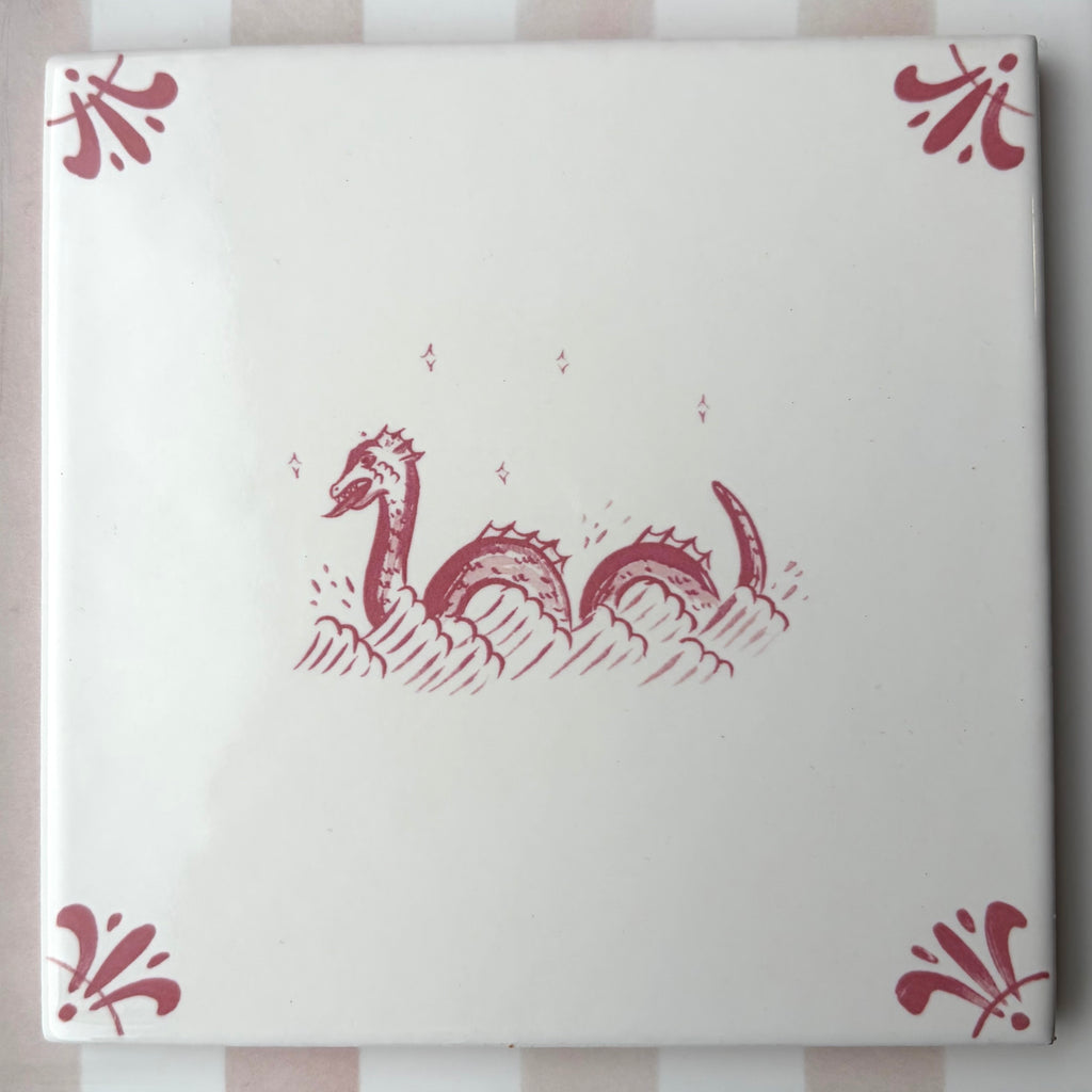 End of Line, Loch Ness Monster Delft Tile, Crimson