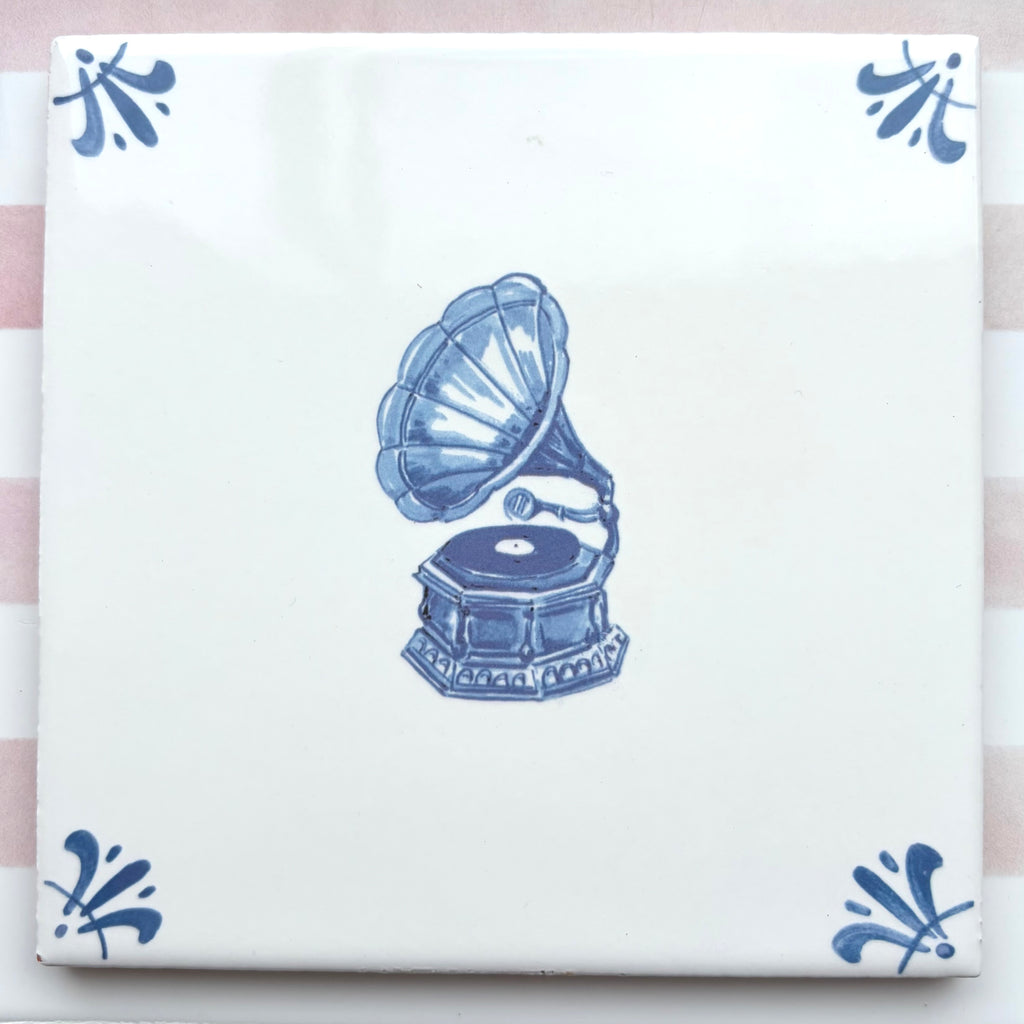 End of Line Gramophone Delft Tile, Blue