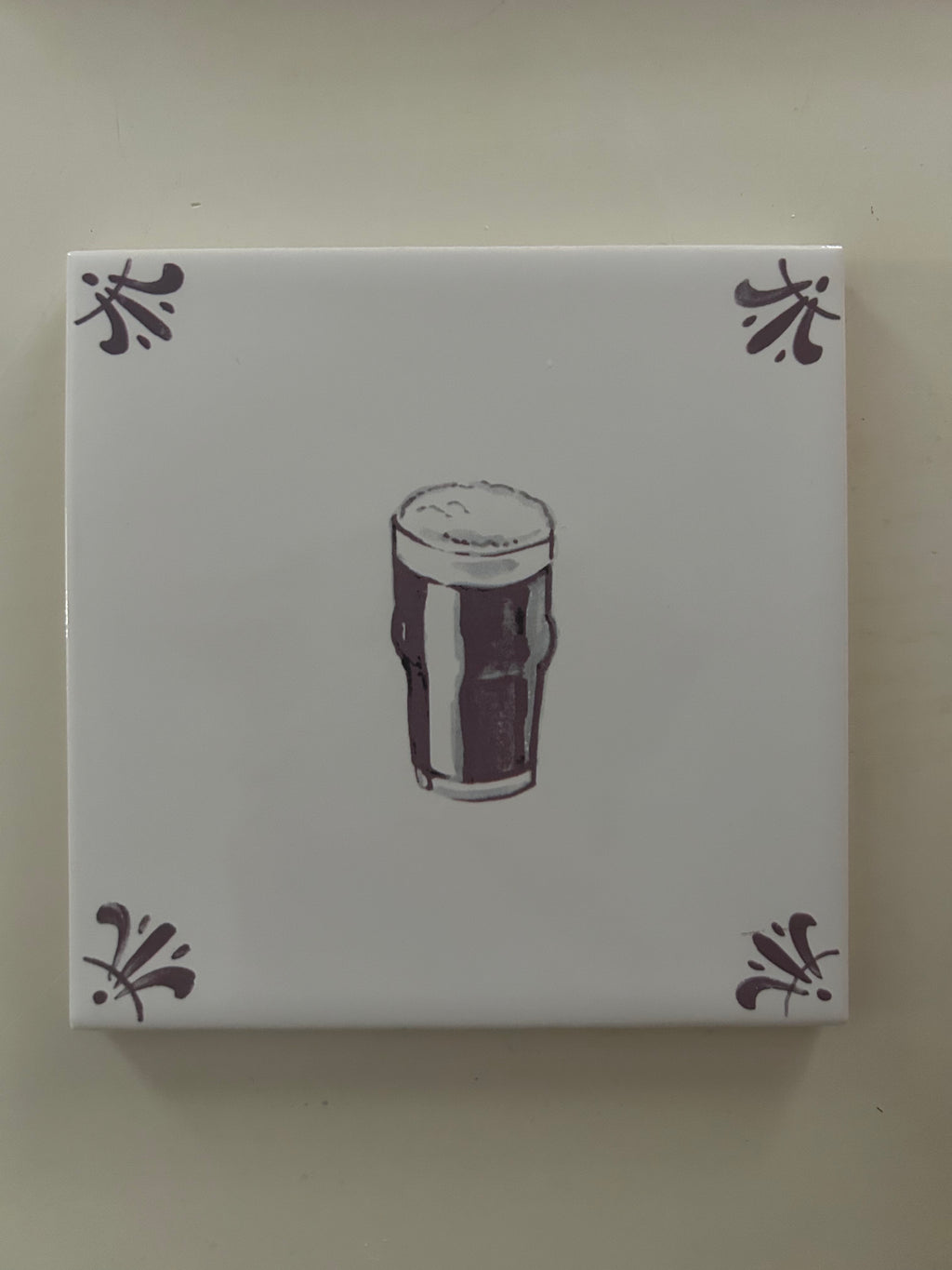 End of Line Pint of Irish Stout Delft Tile - Manganese 12.5cm