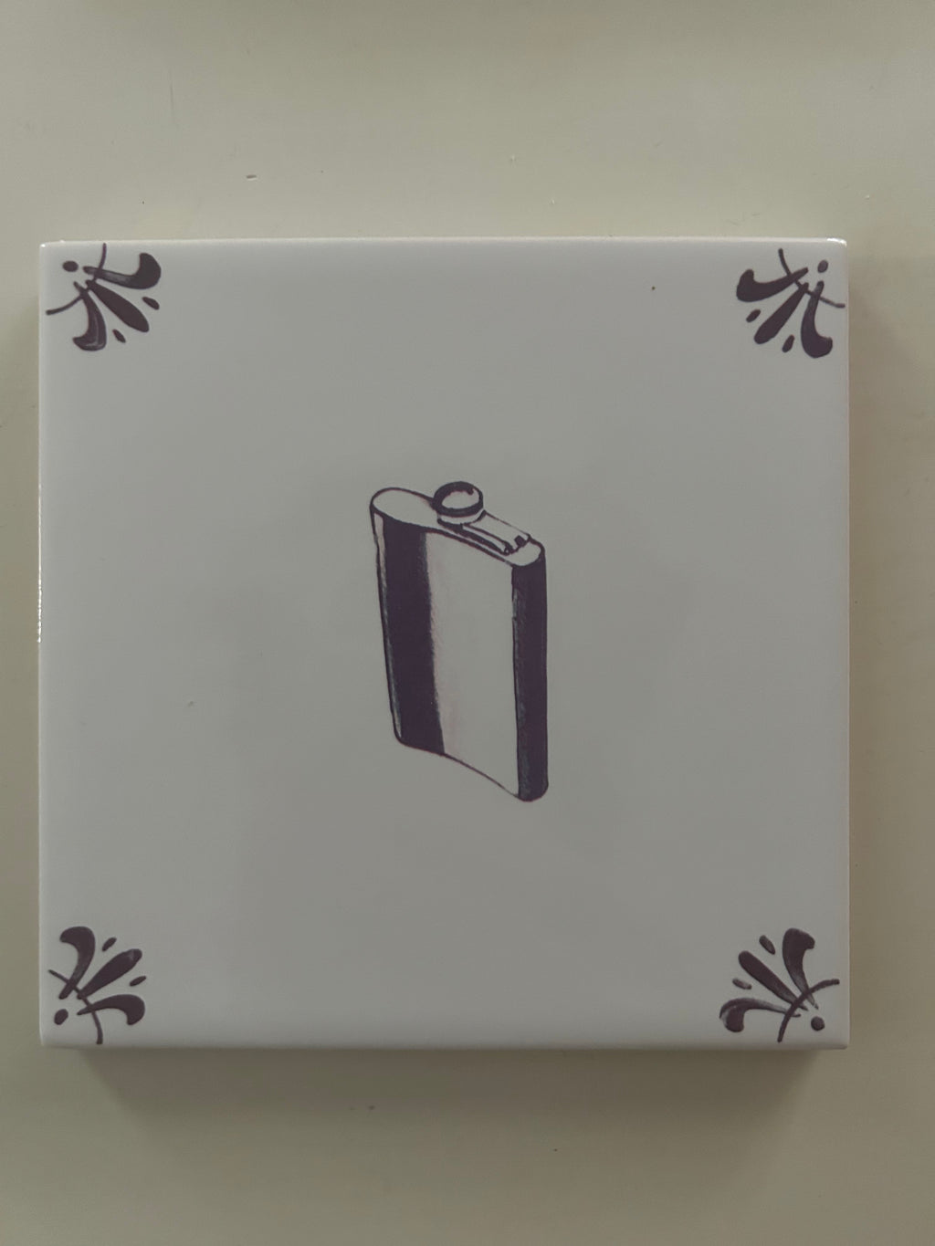 End of Line Hip Flask Delft Tile - Manganese 12.5cm