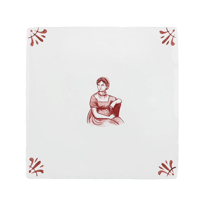 White ceramic tile with crimson decorative patterns and a Jane Austen illustration