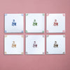 Six square tiles in blue, green, crimson, mustard, manganese, sepia with an illustration of Jane Austen on a pink background.